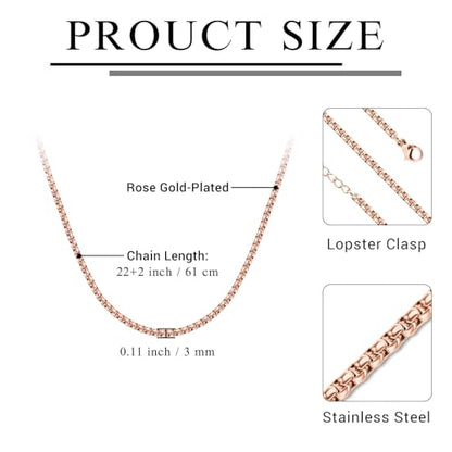 Eusense Stainless Steel Chain Necklace for Men Women Rolo/Wheat/Snake/Box Chain, 2-3MM, 20-24 Inches with Delicate Gift Box - color: Rose Gold-Plated, size: 22+2 Inches Length, style: Rolo Chain-3MM Width