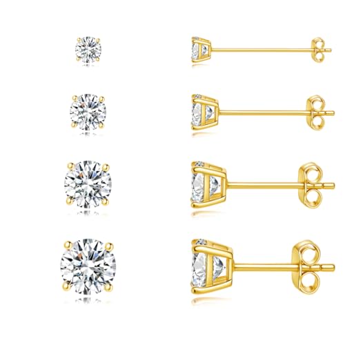 Gold Stud Earring Set for Women Men, Round CZ Earrings Hypoallergenic | 925 Silver Post , 4 Holes Small Studs Earrings Multiple Piercing Cartilage Tragus Trendy Post Cute Earrings Stacks Jewelry - color: 14k gold