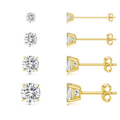 Gold Stud Earring Set for Women Men, Round CZ Earrings Hypoallergenic | 925 Silver Post , 4 Holes Small Studs Earrings Multiple Piercing Cartilage Tragus Trendy Post Cute Earrings Stacks Jewelry - color: 14k gold
