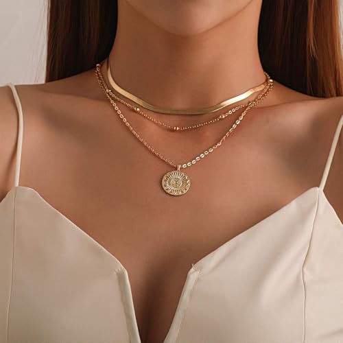 Gold Layered Necklaces Stack for Women Stylish Minimalist Design Pendant Necklaces Bar Circle Pendants Friendship Gifts for Women Christmas Gifts Fashion Jewelry
