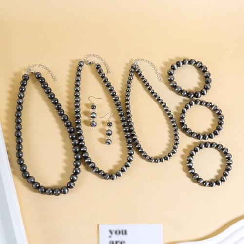 KOSMOS-LI Western Style Multi Layer Necklaces Bracelet Earrings Faux Pearl Cowgirl Beaded Women Jewelry Sets - color: grey21080