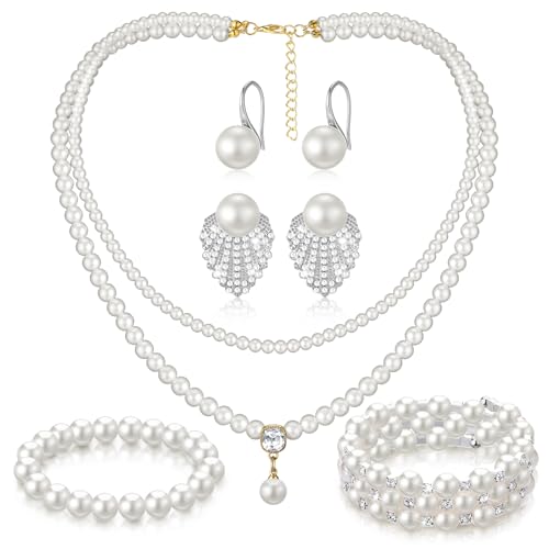 Glenmal Pearl Rhinestone Jewelry Set for Women Pearl Necklace Bracelet Earrings for Wedding Halloween Bridal Shower Tea Party - style: Gorgeous Style