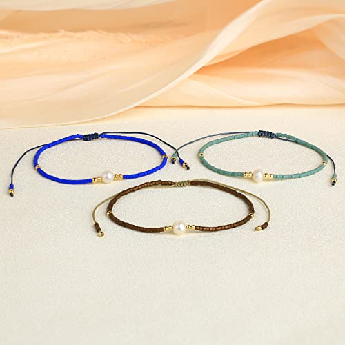 KELITCH 3 PCS Natural Pearls Bracelets Women Strand Thin Rope Friendship Bracelets Handmade Stack Charm Bracelets - color: 0002J