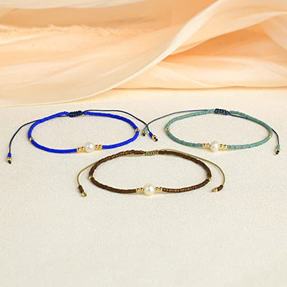KELITCH 3 PCS Natural Pearls Bracelets Women Strand Thin Rope Friendship Bracelets Handmade Stack Charm Bracelets - color: 0002J