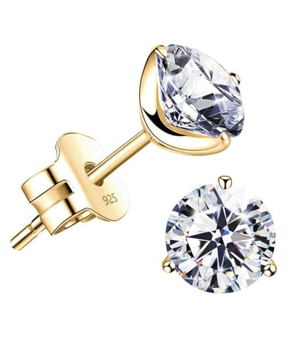 "STUNNING FLAME" 18K Gold Plated Silver Brilliant Cut Simulated Diamond Cubic Zirconia Stud Earrings - color: Gold Plated Sterling Silver - Yellow, size: 2.4 Carat-(1.2ct*2)-7mm
