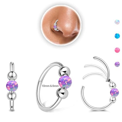 Thiswhyimbeauty 2PCS 18g Opal Nose Rings for Women Nose Hoops 8mm/10mm Hypoallergenic 316L Surgical Steel Nose Rings Piercing Jewelry Can Be Used as a Nose Ring, Septum Ring, and Cartilage Earring - color: A-Silver Purple opal