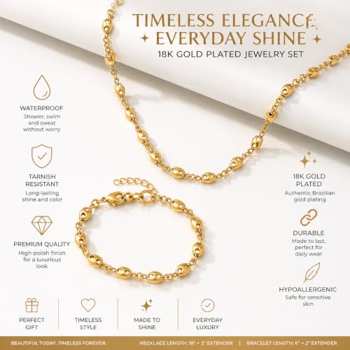 18K Brazilian Gold Plated Coffee Bean Link Necklace & Bracelet Set