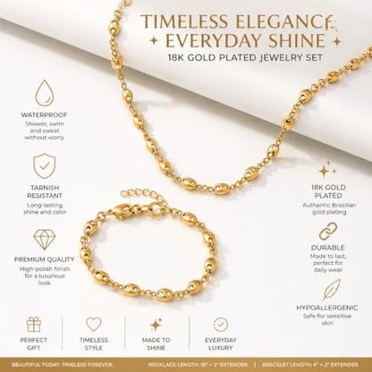18K Brazilian Gold Plated Coffee Bean Link Necklace & Bracelet Set