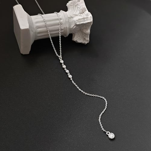 Luxval Lariat Silver Necklace for Women, Dainty Long Necklace Silver Y-Shaped Pendant Necklaces Trendy Beaded Chain Drop Necklaces Jewelry for Women Gifts - color: Silver-4CZ Y Necklace