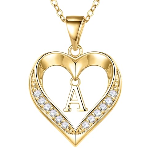Turandoss Heart Initial Necklaces for Women - Dainty 14K Gold Plated CZ Heart Pendant Necklace with Tiny Letter A-Z, Non Tarnish Waterproof Trendy Jewelry Gifts for Mom Wife Girlfriend - color: Gold, style: A.