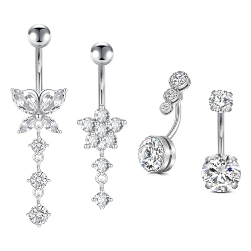 Incaton 14G Belly Button Rings, Stainless Steel Diamond Belly Rings For Women, Dangle Belly Button Rings With Butterfly, 6mm Short & 10mm Bar Navel Piercings - color: Silver 4pcs Dangle
