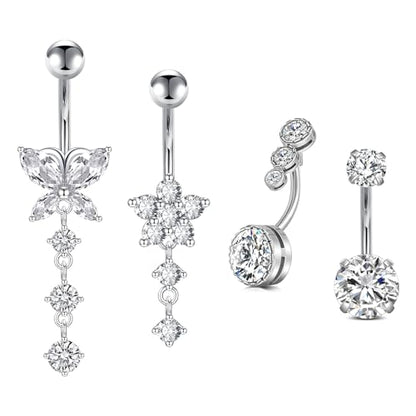 Incaton 14G Belly Button Rings, Stainless Steel Diamond Belly Rings For Women, Dangle Belly Button Rings With Butterfly, 6mm Short & 10mm Bar Navel Piercings - color: Silver 4pcs Dangle