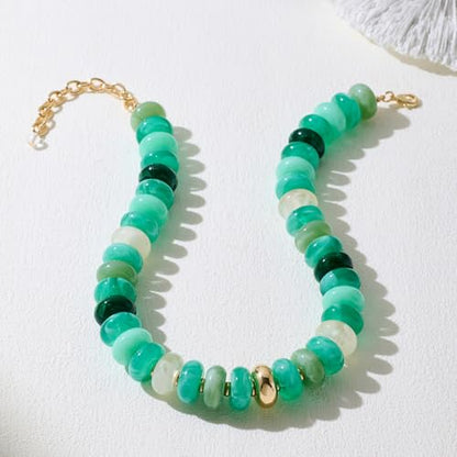 Beaded necklace for Women Boho Bead Gemstone Chunky Necklace Big Bead Necklace Fashion Trendy Summer Necklaces Jewelry Gifts - color: Gradient Green&GD Beaded