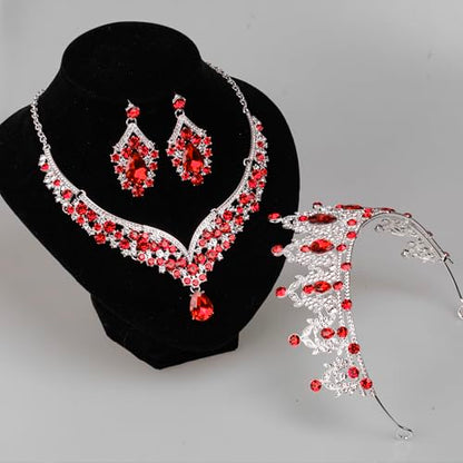 Crowns and Tiaras jewelry sets for Wedding princess birthday party Halloween Prom Pageant Jewelry for Women Crystal Bridal Jewelry Set for women - color: Silver Red