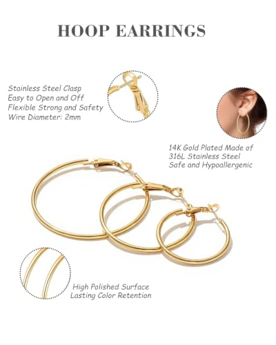 4 Pairs Silver Hoop Earrings for Women 30/40/50/60mm | Hypoallergenic, Stainless Steel, Big Thin Lightweight, Dangle Set - color: 6 Pairs Silver/Gold-30/40/50mm