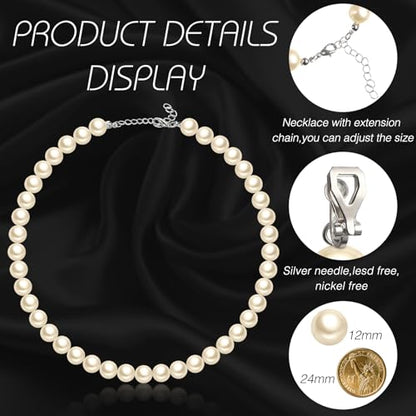 3 Pcs Pearl Jewelry Set Faux Pearl Clip on Earring Necklace Bracelet for Women Bridesmaid Birthday Wedding Gift - color: Beige, size: 12 mm