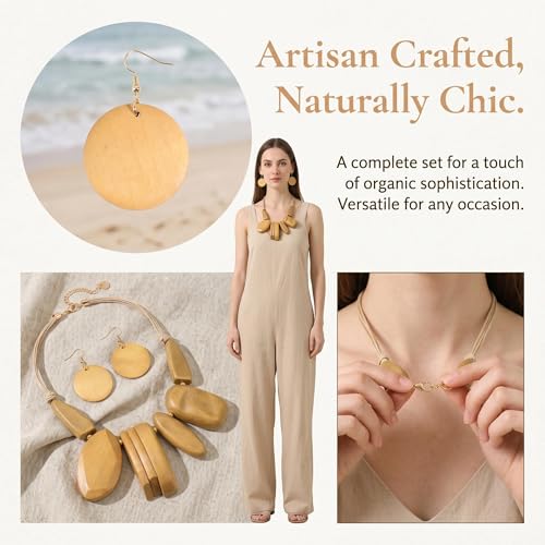 Coiris Chunky Statement Necklace and Earring Sets for Women Boho Wooden Necklaces Earrings Jewelry Set for Women - color: Beige
