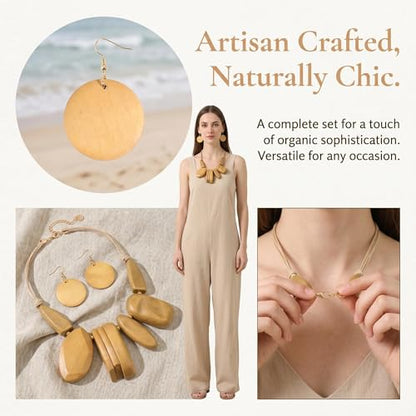 Coiris Chunky Statement Necklace and Earring Sets for Women Boho Wooden Necklaces Earrings Jewelry Set for Women - color: Beige