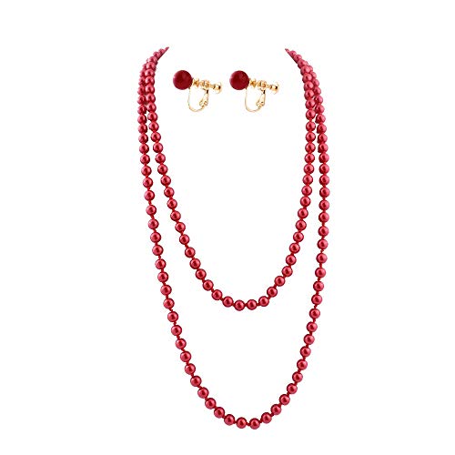 Handmade Faux Pearl Necklace and Clip on Earrings Jewelry Sets for Women Bib Choker Collar Necklace - color: 140cm Red-Necklace+Screw Clip Earrings