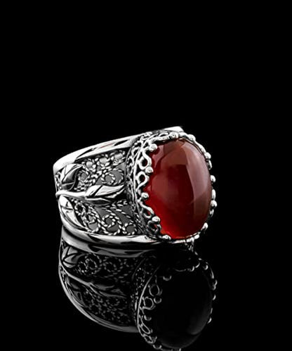 Filigranist 925 Sterling Silver Filigree Art Lace Embroidery Tulip Detailed Gemstone Women Cocktail Ring, Luxurious Gift Boxed - color: Carnelian