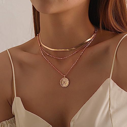 Gold Layered Necklaces Stack for Women Stylish Minimalist Design Pendant Necklaces Bar Circle Pendants Friendship Gifts for Women Christmas Gifts Fashion Jewelry