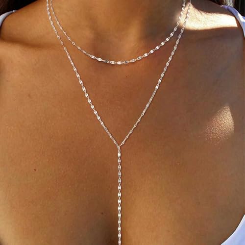 Lariat Necklace for Women, Dainty Long Necklaces, 14k Gold/Silver Plated Y-Shaped Drop Chain Necklace, Simple Layered Necklaces, Trendy Jewelry Gifts - style: Double Lip Chain-Silver