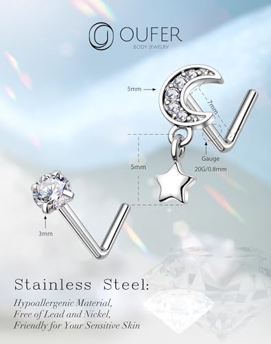OUFER 2PCS Stainless Steel Nose Rings, Moon Star Butterfly Design 20G Nostril Dangle Piercing Jewelry - 7MM - style: Moon