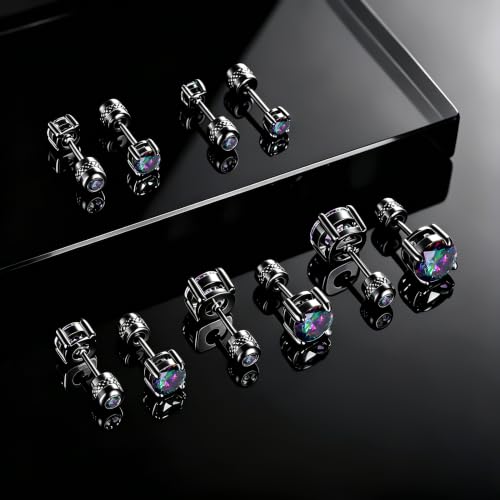 5 Pairs Screw Back Stud Earrings Set, Cubic Zirconia Stud Earring for Women Men Hypoallergenic 316L Surgical Stainless Steel Round Cut CZ 3-7mm - color: Black-Rainbow