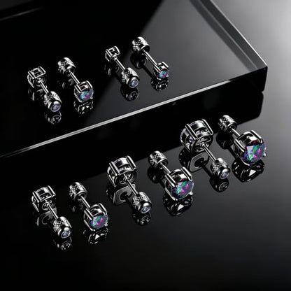 5 Pairs Screw Back Stud Earrings Set, Cubic Zirconia Stud Earring for Women Men Hypoallergenic 316L Surgical Stainless Steel Round Cut CZ 3-7mm - color: Black-Rainbow