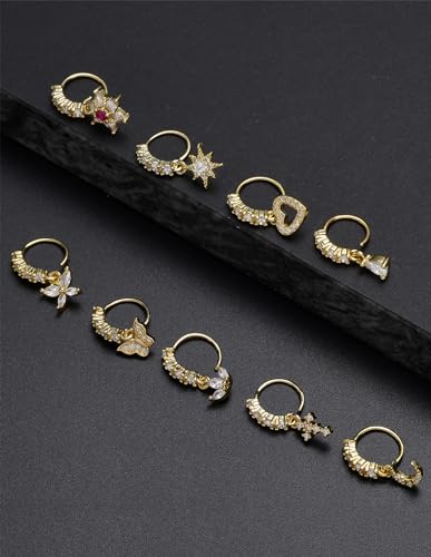 Akeoqi 12Pcs Nose Ring Hoop Cartilage Earring Cute Leaf Star CZ Butterfly Paved Nose Piercing Jewelry for Women men Silver Gold Plated 20G - color: C:Gold Drop
