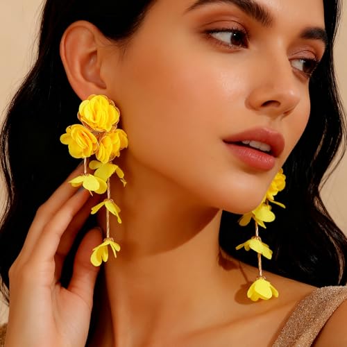 Fabric Flower Earrings for Women Colorful Long Tassel Floral Drop Earrings Fashion Boho Exaggerated Statement Beach Party Jewelry - color: yellow