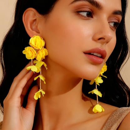 Fabric Flower Earrings for Women Colorful Long Tassel Floral Drop Earrings Fashion Boho Exaggerated Statement Beach Party Jewelry - color: yellow