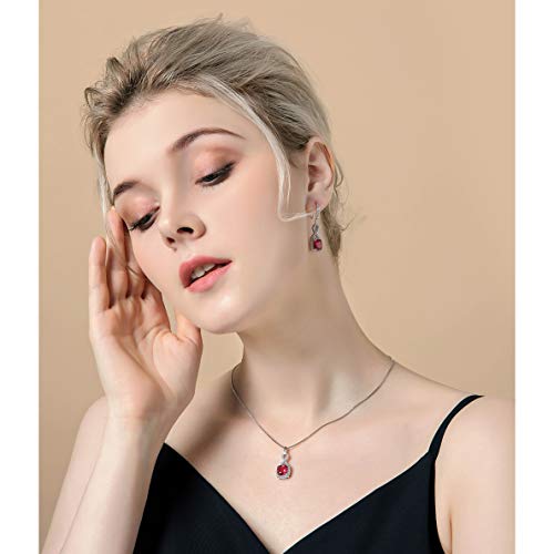 AMYJANE Crystal Jewelry Set for Women - Sterling Silver Square Cubic Zirconia CZ Bridal Pendant Necklace Earrings Set for Wedding Bride Bridesmaids Birthstone Fashion Jewelry Set - color: Ruby