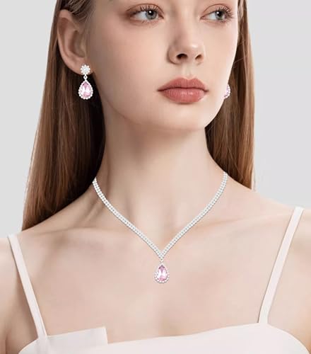 Elegant Silver Crystal Wedding Necklace Earrings Bracelet Jewelry Set for Women Brides Bridesmaids Prom Party Costume Accessory Bridal Jewelry - color: silver-pink