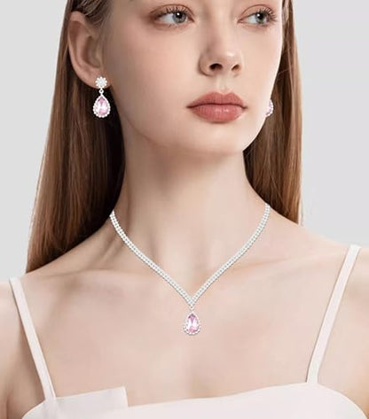 Elegant Silver Crystal Wedding Necklace Earrings Bracelet Jewelry Set for Women Brides Bridesmaids Prom Party Costume Accessory Bridal Jewelry - color: silver-pink