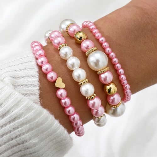 Pearl Bracelets for Women Simulated Pearl Beaded Bracelet White Pearls Stackable Stretch Bracelet Set Multilayered Elastic Pearls Bracelets for Women Bridesmaid Bridal Jewelry - color: pink
