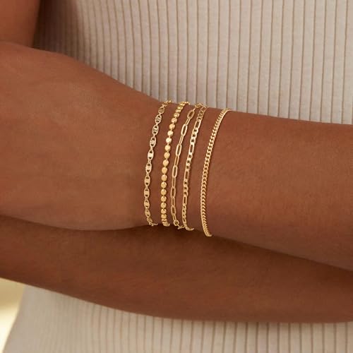 Cuzmly Bracelets for Women, Waterproof 14K Gold/Silver Plated Stackable Bracelets for Women Non Tarnish Trendy Dainty Paperclip Figaro Box Herringbone Hand Chain Bracelet Pack Stack Adjustable Jewelry for Women - style: 5 Dot