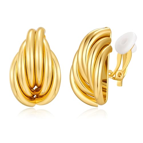 Gold Geometric Clip On Earrings for Women Chunky Gold Knot Link Clip Earrings Trendy Jewelry - color: Gold-F