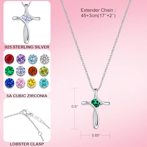 Cross Necklace for Women 925 Sterling Silver Birthstone Necklace for Women | Silver Necklaces with Diamond Sideways Birthstone Jewelry Gifts for Women 45+3cm Adjustable Chain - color: 05-May-Emerald