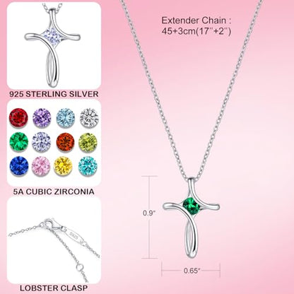 Cross Necklace for Women 925 Sterling Silver Birthstone Necklace for Women | Silver Necklaces with Diamond Sideways Birthstone Jewelry Gifts for Women 45+3cm Adjustable Chain - color: 05-May-Emerald