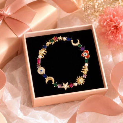Sun and Moon Bracelets for Women Gold Charm Bracelet Star Heart Elephant Colorful Rhinestone Dainty Celestial Jewelry Gifts
