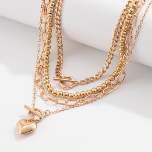 Chunky Gold Necklace Stack Layered Gold Necklaces for Women Non Tarnish Silver Statement Necklace Paperclip Chain Necklace Set Layering Big Heart Coin Cross Necklace Chunky Jewelry - style: 1 - gold with heart
