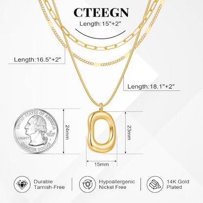14K Gold/Silver Plated Dainty Snake Chain Layered Necklace for Women | Irregular Oval Pendant Minimalist Dainty Statement Gold Layering Everyday Jewelry - color: Gold - Rose