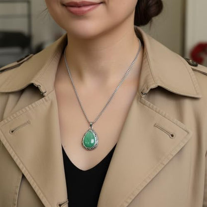 Natural Gemstone Pendant Necklace, Vintage Silver Filigree Boho Protection Unisex Jewelry with Stainless Steel Chain for Women Men