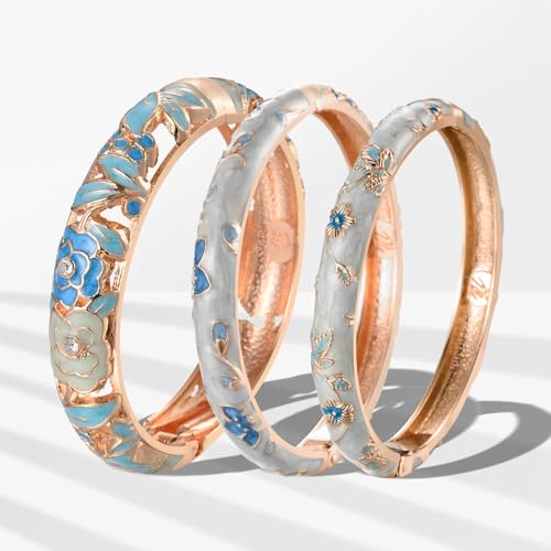 UJOY Womens Multi-Colors Cloisonne Bracelet Plated Flower Hollowed Enameled Hinged Cuff Bangles Jewelry Gift 88A10 - color: 3 Pcs Set-Light Blue-A10