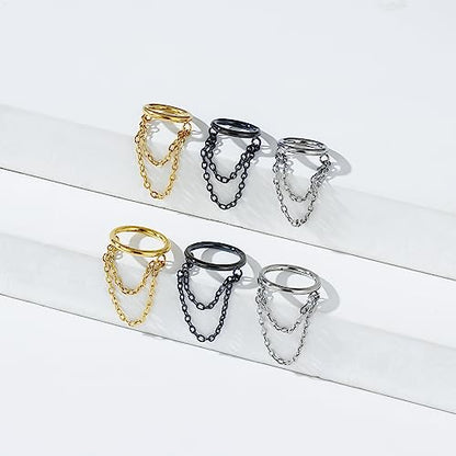 16G Titanium Cartilage Earrings Hoop 7mm 9mm Helix Piercing Jewelry with Single/Double/Triple Chains Hypoallergenic Hinged Clicker - style: gold 2 chains 9mm