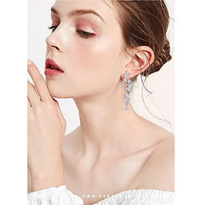 CZ Bridal Earrings for Wedding - 14k Plated Sterling Silver Elegant Teardrop Cubic Zirconia Crystal Rhinestone Floarl Leaf Cluster Chandelier Statement Dangle Drop Earrings for Bride Bridesmaids Party - color: Floral - Silver