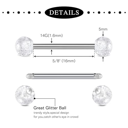 Mayhoop 14G 36Pcs Stainless Steel Nipple Rings Tongue Rings Straight Barbell Bars Piercing 14mm 16mm 18mm in Length for Women Men - color: Stainless - 16mm (5/8")