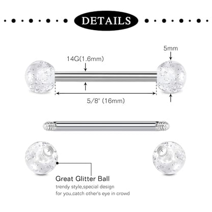 Mayhoop 14G 36Pcs Stainless Steel Nipple Rings Tongue Rings Straight Barbell Bars Piercing 14mm 16mm 18mm in Length for Women Men - color: Stainless - 16mm (5/8")