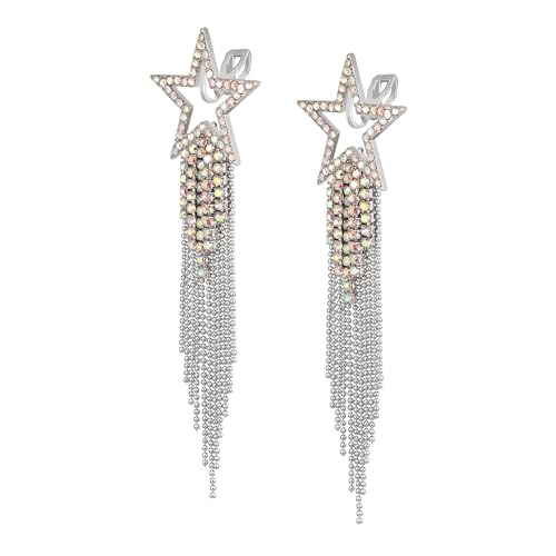 EVER FAITH Crystal Long Waterfall Star Tassel Clip-on Earrings for Women | Rhinestone Beaded Fringe Chandelier Dangle Statement Earring, Wedding Party Jewelry - color: Iridescent AB Silver-Tone